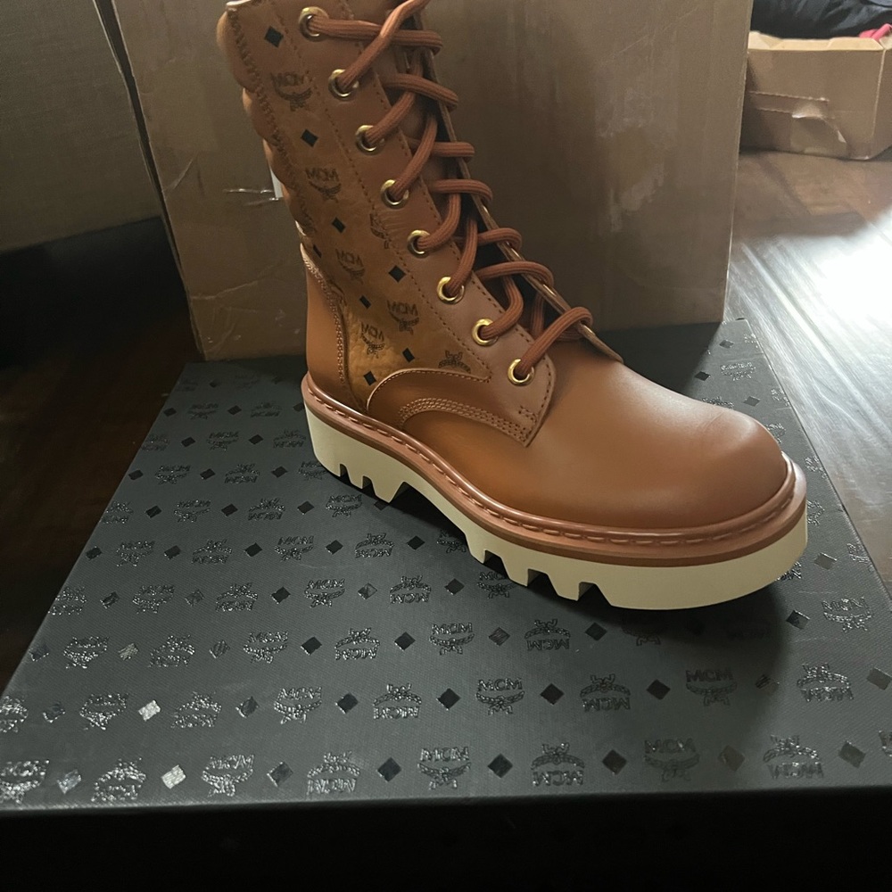 MCM Tan Leather Lace-Up Boots